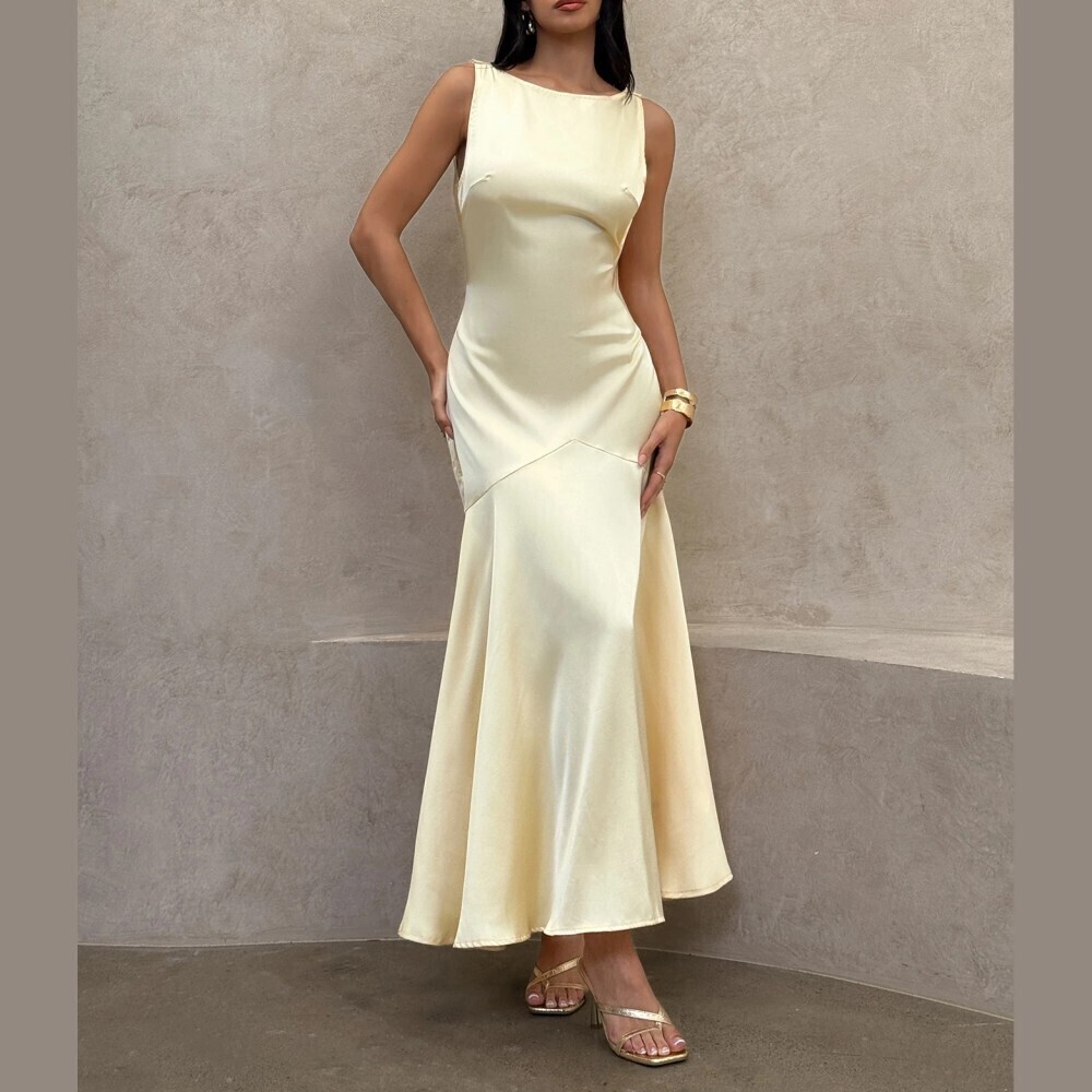 Cream Satin Boat Neck Sleeveless Mermaid Basque Waist Maxi Dress
